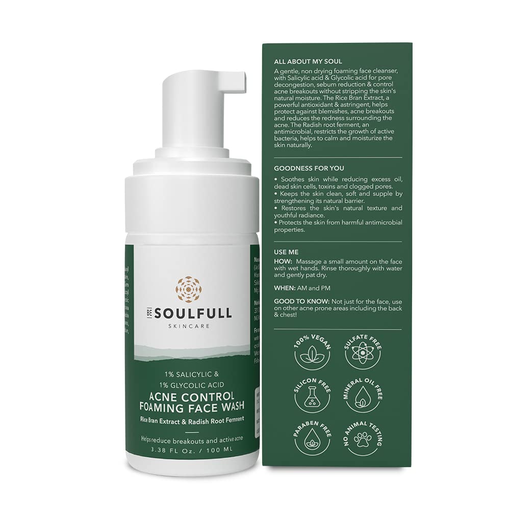 BE SOULFULL Acne Foaming Face Wash- Acne Control Face Wash with 1% Salicylic Acid, 1% Glycolic Acid- Daily Exfoliating Face Wash- Controls Oil, checks Open Pores & Removes Dead Skin Cells- 100ML