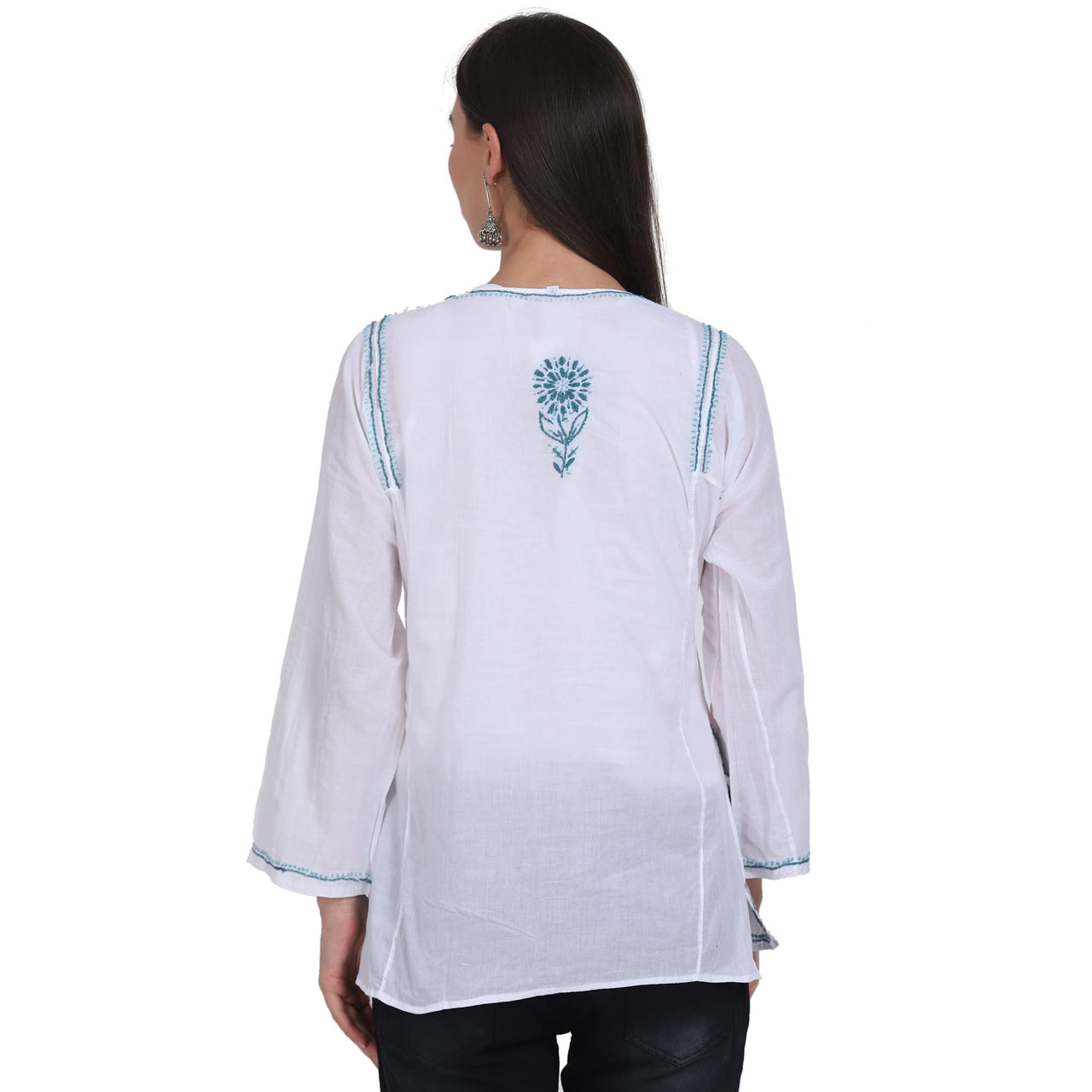 Paramount Women's  Chikankari Cotton White Straight Short Kurta Navy XS