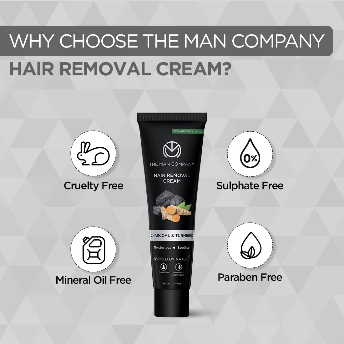The Man Company Hair Removal Cream for Men | Removes Unwanted Hair in Just 5 Minutes | 24 Hours Hydration | Enriched with Charcoal & Turmeric | Dermatologically Tested | For All Skin Types - 100gm