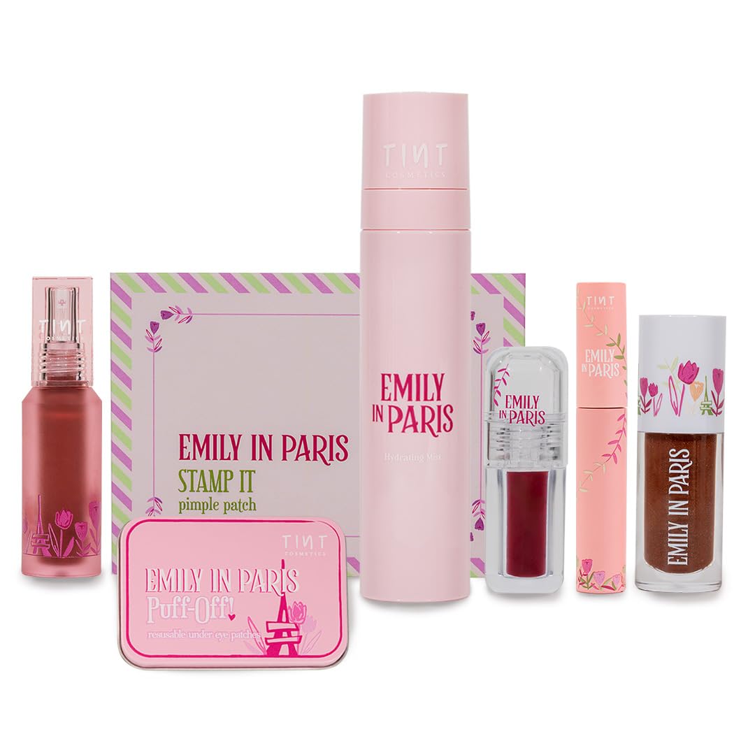 Emily in Paris Gift Hamper-Liquid Lipstick (Eclair), Lip Gloss(Hot Chocolate), Lip n Cheek Tint, Liquid EyeLiner, Pimple patch, Hydrating Mist & Reusable under eye patch