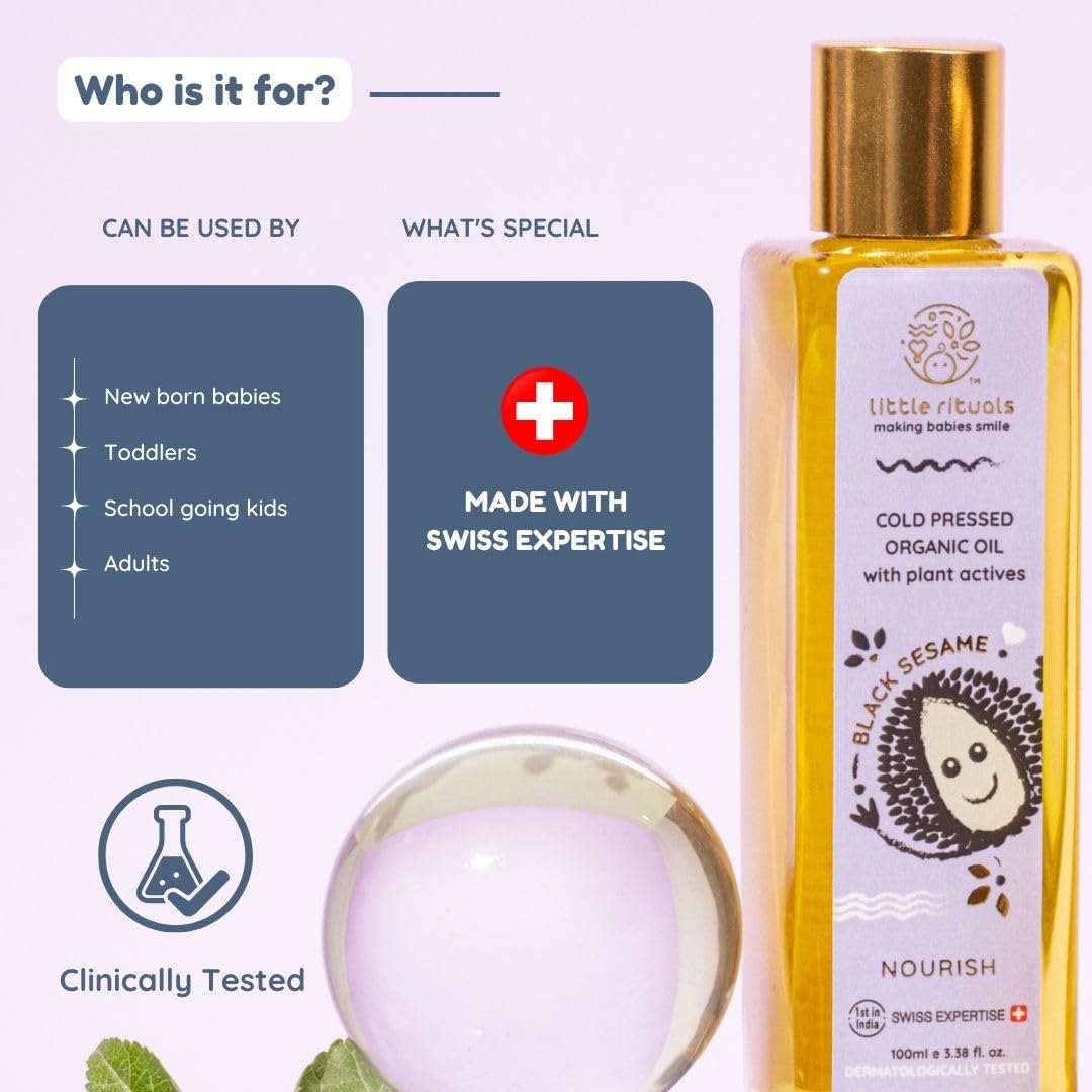Little Rituals BLACK SESAME - BABY MASSAGE OIL Certified Organic, Wood Cold-Pressed for Skin and Hair with SWISS Plant Actives - 200 ml. Dermatologist Tested by Pediatrics, Mild & Gentle & Safe