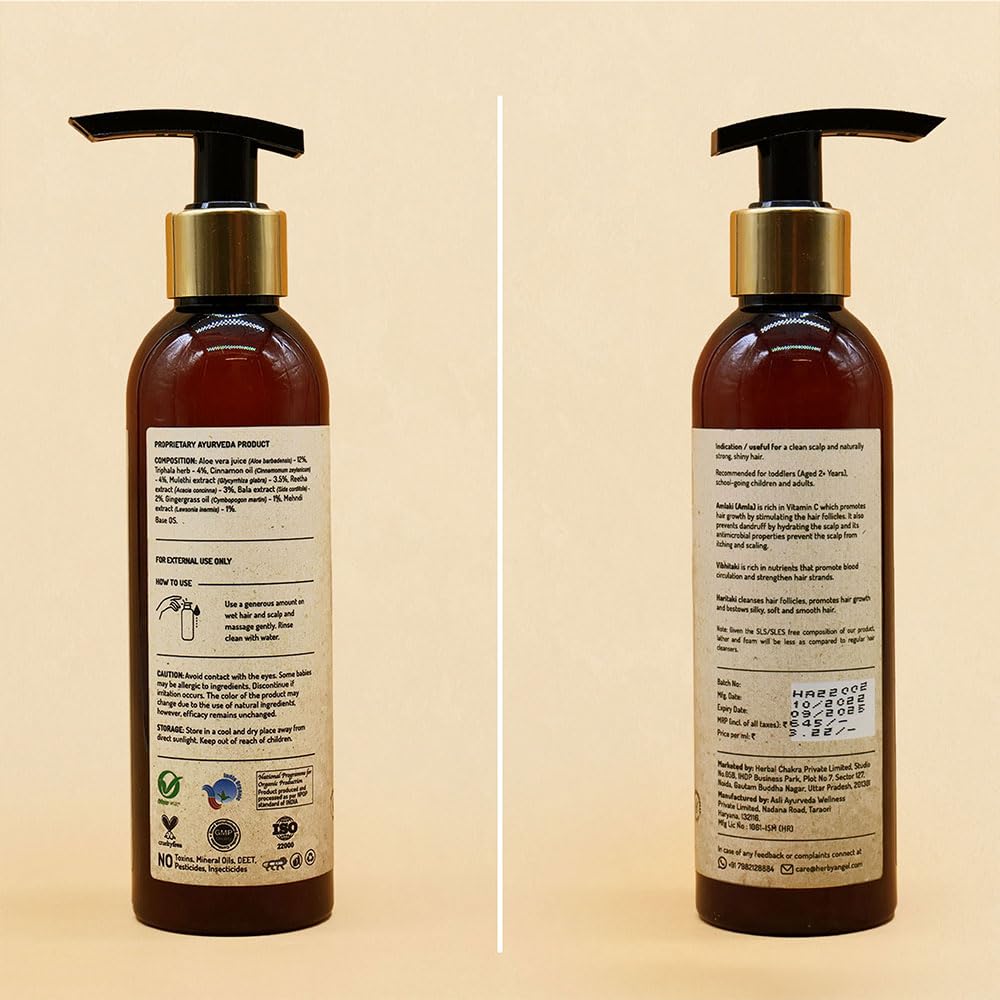 Herby Angel Kids Shampoo, Gentle Hair Cleanser, with Triphala, Aloe Vera & Reetha, Gentle Scalp & Haircare with Tear-Free Formula, For Healthy & Smooth Hair, For 2 Years+ Kids | 200 ml