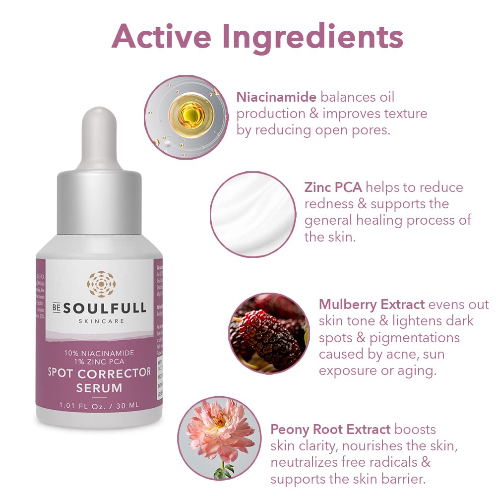 BE SOULFULL Spot Corrector Serum with 10% Niacinamide, 1% Zinc PCA for Normal to Oily Skin- Serum for Clear and Spotless Skin- Refine Skin Tone and Texture- checks Discoloration and Minimize Large Pores- 30ML