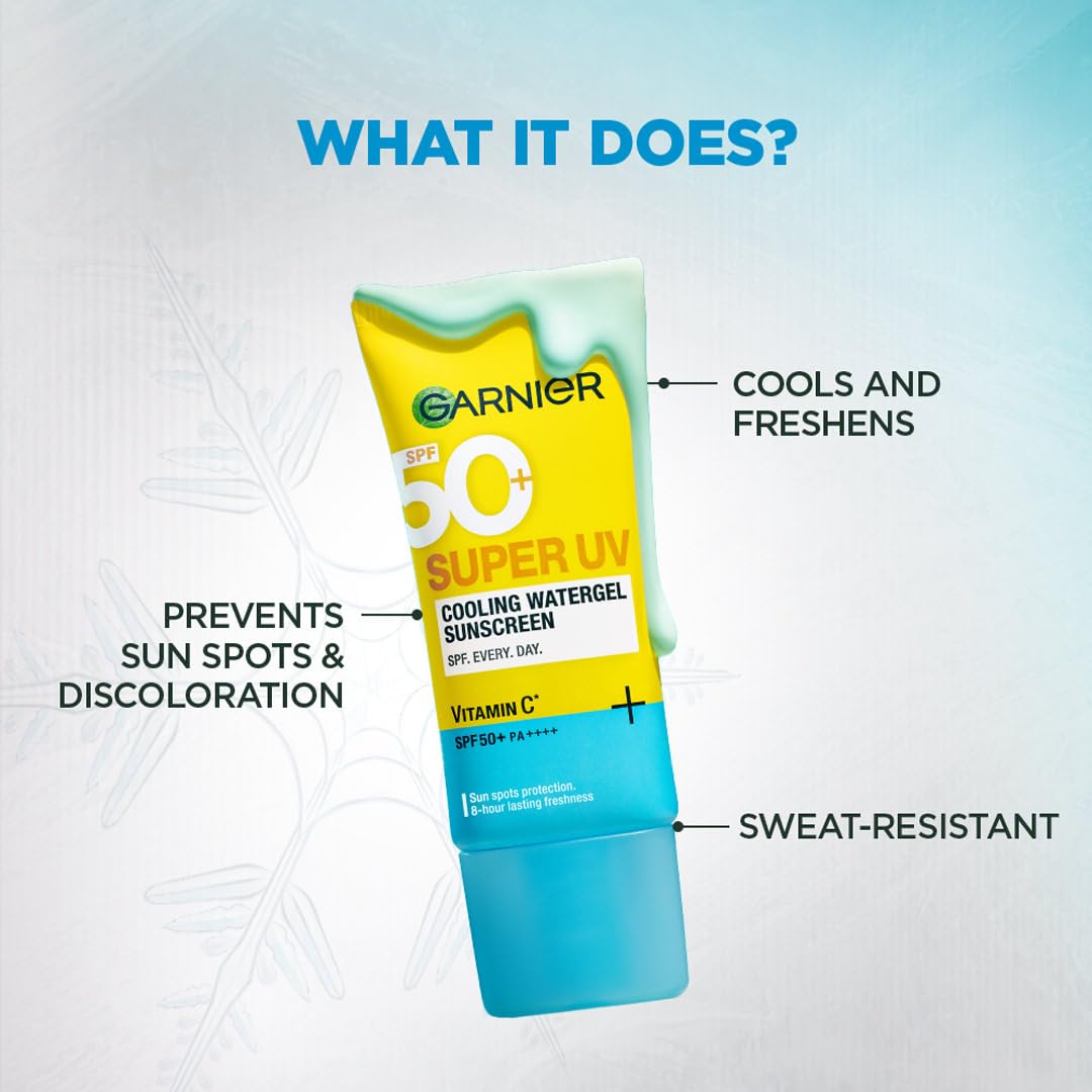 Garnier Super UV Cooling Watergel Sunscreen SPF50 PA++++ | Instant Cooling & 8-hr freshness | lightweight gel, no white cast, suitable for oily, dry, sensitive & combination skin, for men & women,60ml
