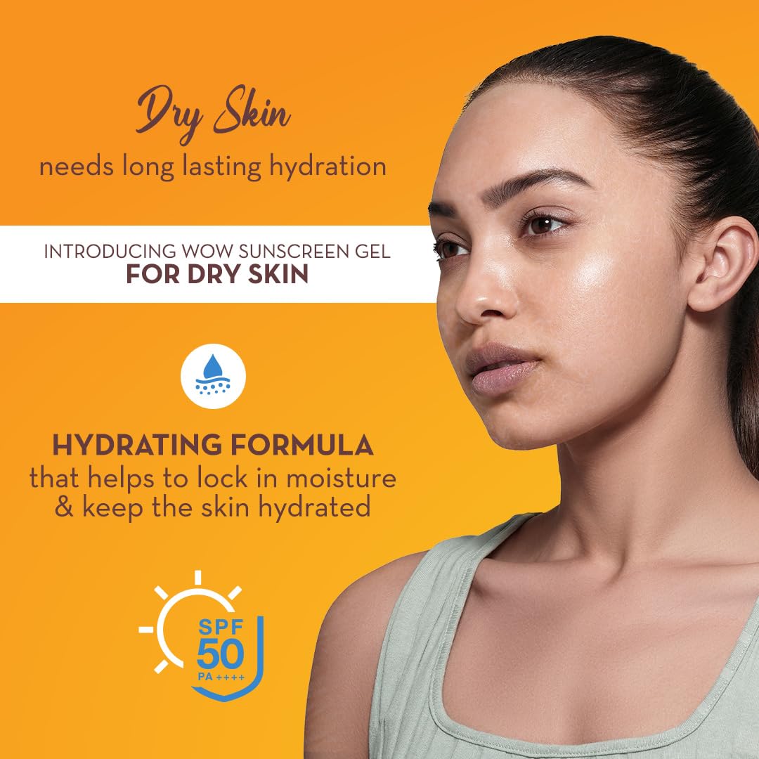 WOW Skin Science Sunscreen Gel For Dry Skin | SPF 50 PA++++ | With Aloe Vera & Hyaluronic | Hydrates Skin | Lightweight | Quick Absorbing | No White Cast | UVA & UVB Protection | 50 ml
