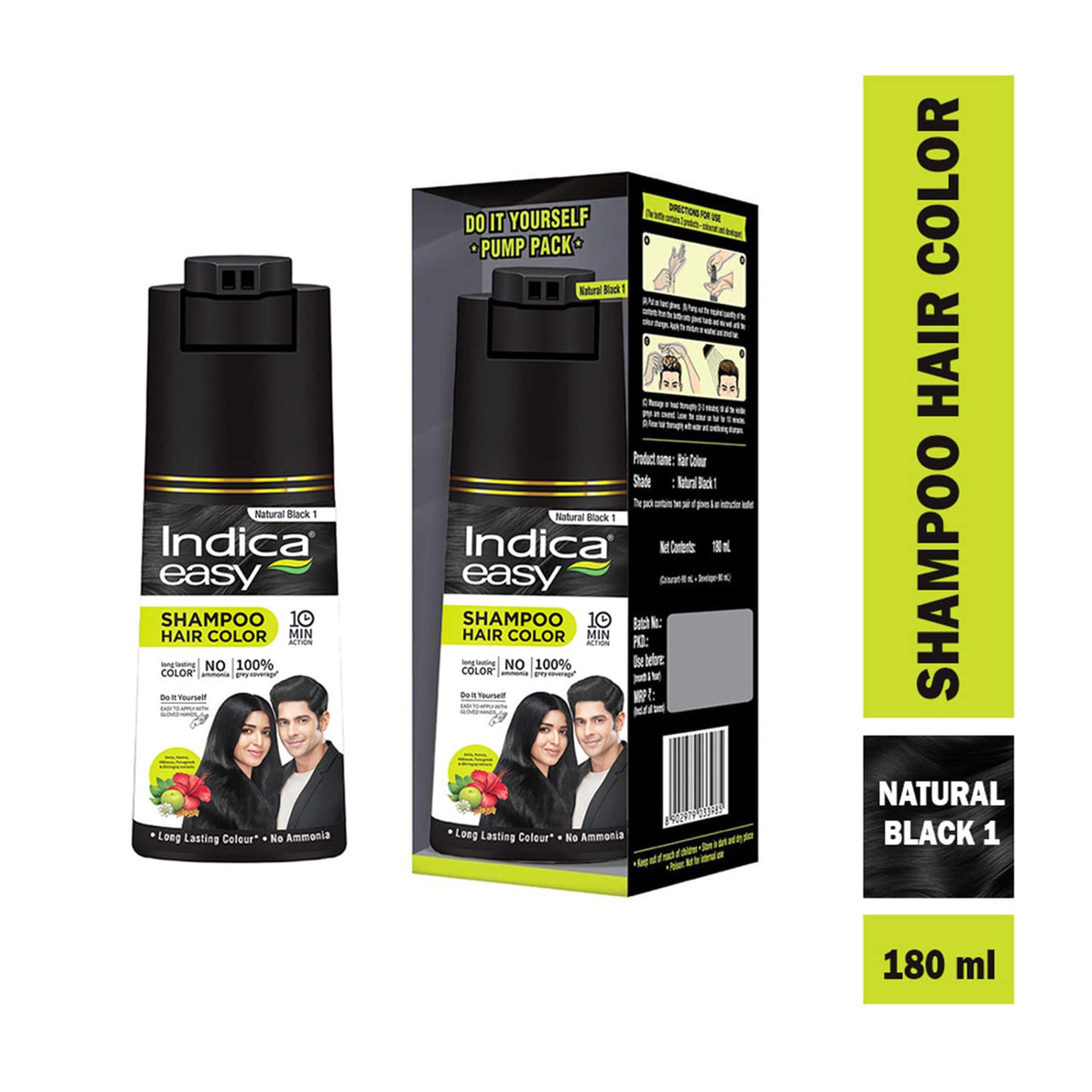 Indica Easy Do-It-Yourself Hair Color Shampoo Pump Pack with 5 Herbal Extracts and 100% Ammonia Free, Long Lasting Formula, 180 ML - Natural Black Colour (Gloves Included)