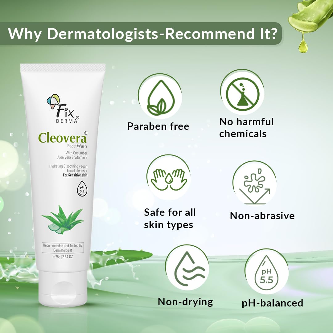 Fixderma Cleovera, Aloe Vera Face Wash with Vitamin E | Aloe Vera Gel for Face | Face Wash & Face Cleanser | Face Wash for Dry Skin (All Type Skin) | Face Wash for Women & Men - 75g