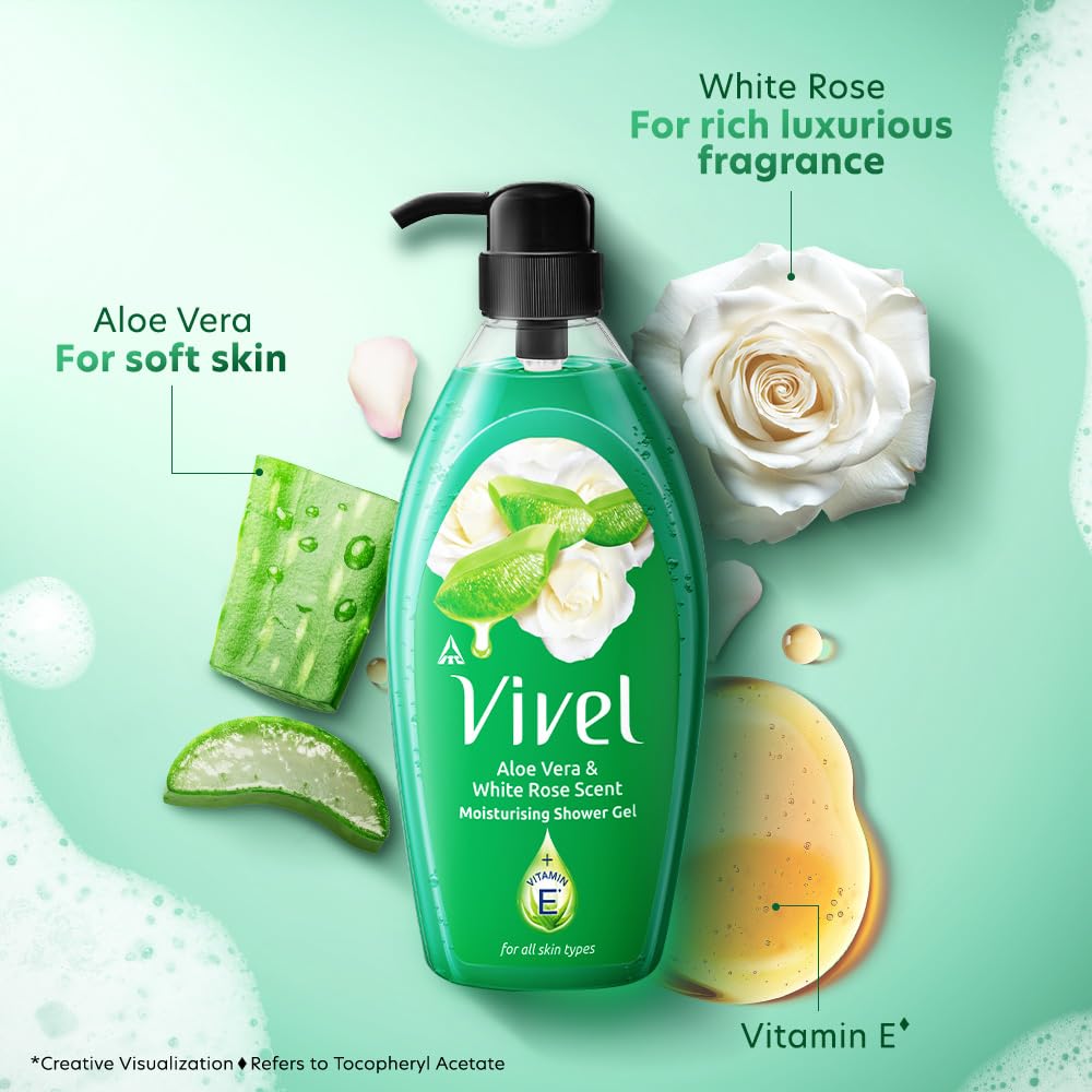 Vivel Aloe Vera & White Rose Scent Shower Gel, 895 ml, Moisturizing Body Wash, with Plant based Cleansers, Body wash Shower Gel for Women & Men, For All Skin Types