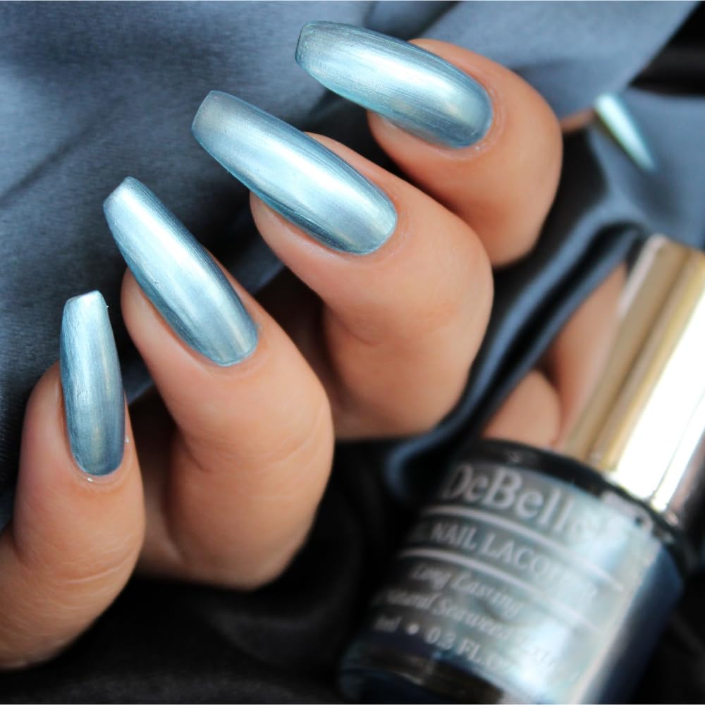 DeBelle Gel Nail Polish Aqua Frenzy (Metallic Sky Blue Nail Paint)|Non UV - Gel Finish |Chip Resistant | Seaweed Enriched Formula| Long Lasting|Cruelty and Toxic Free| 8ml