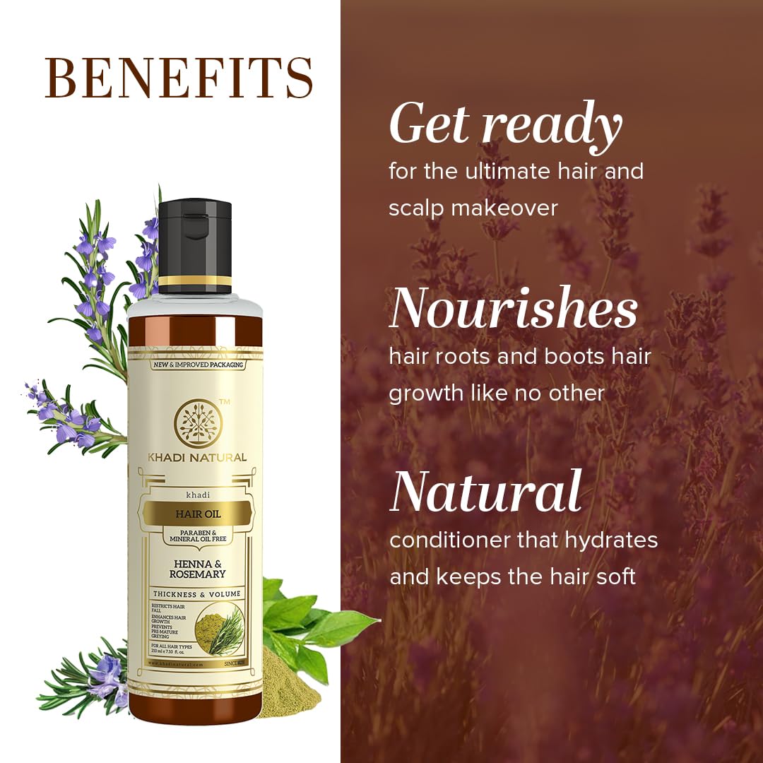 Khadi Natural Rosemary & Henna Hair Oil, Natural Oil For Thick & Voluminous Hair Oil For Controlling Hair Fall & Premature Greying, Paraben & Mineral Oil Free, Suitable For All Hair Types, 210ml