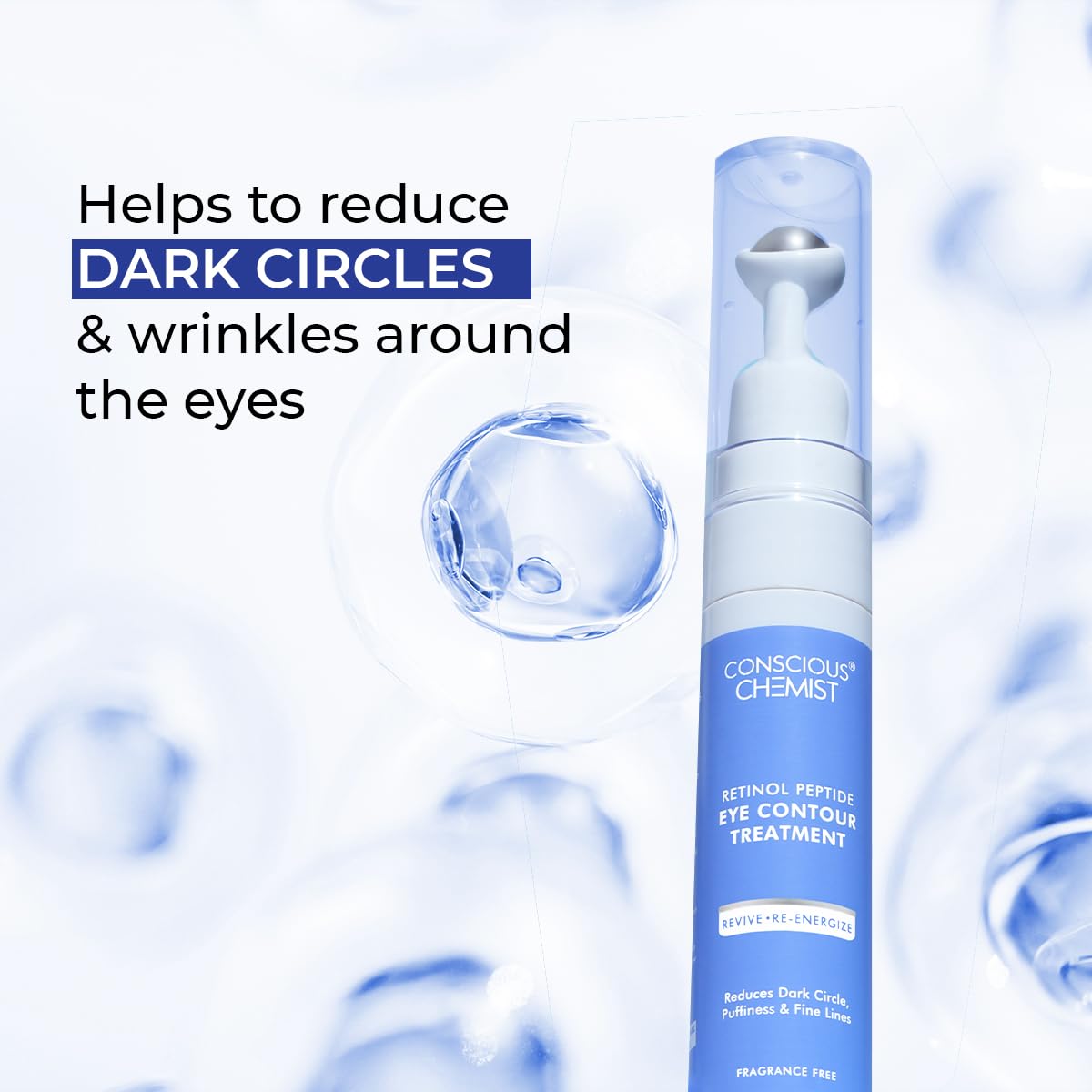 Conscious Chemist® Retinol Peptide Under Eye Cream With Soothing Massage Roller | Under Eye Roll On For Dark Circles, Fine Lines & Puffy Eyes | For Women & Men | 15 ml