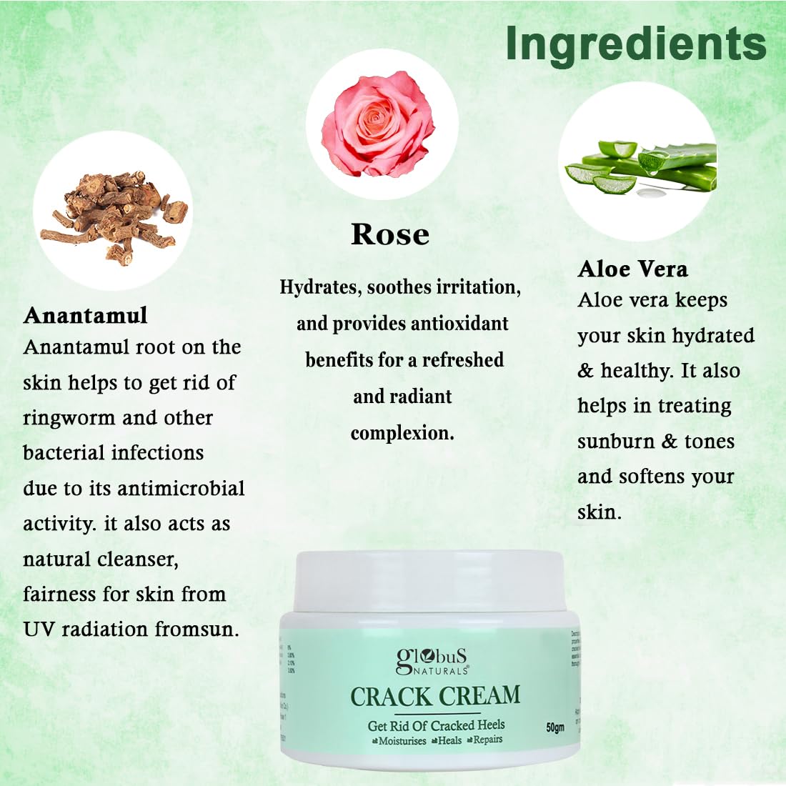 Globus Naturals Crack Cream For Dry Cracked Heels & Feet | Enriched With Aloevera | Neem | Anantmool 50g (Pack of 2)