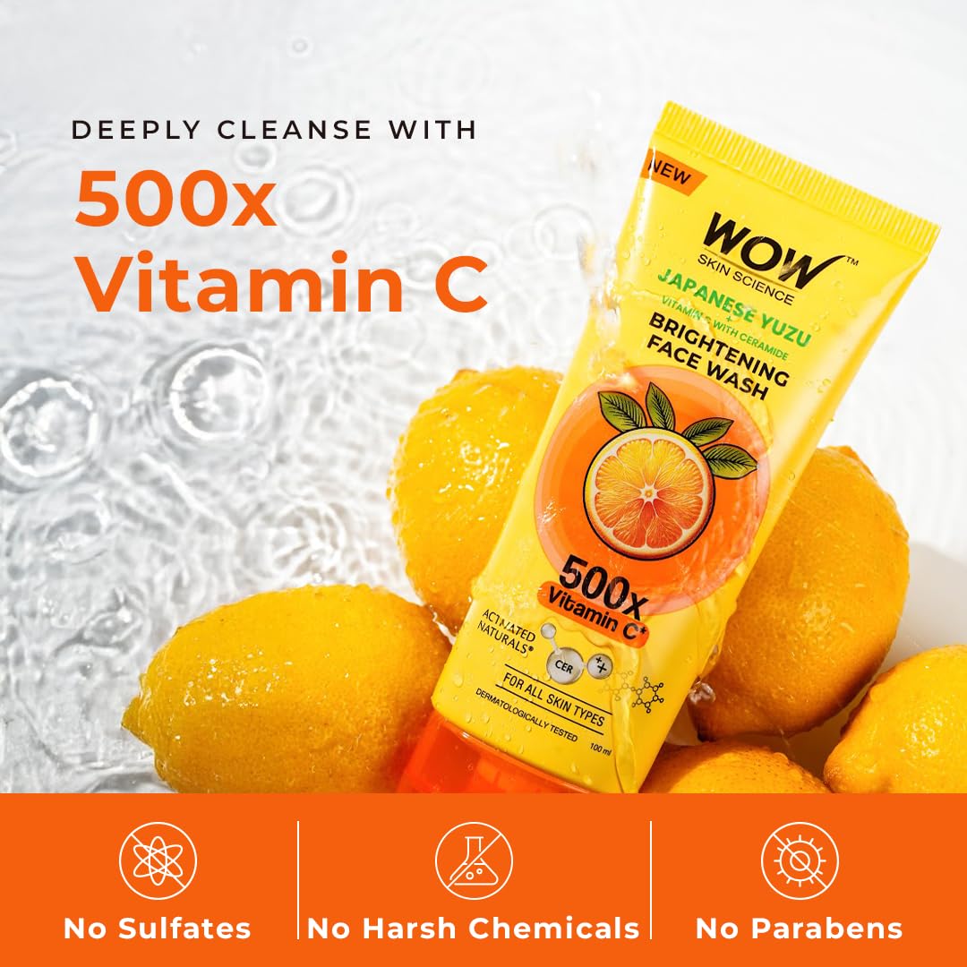 WOW Skin Science Japanese Yuzu + Vitamin C with Ceramide Brightening Face Wash | 500x Vitamin C | For Strengthened Glowing Skin | Paraben-Free Gentle Cleanser with Orange Peel & Camu Camu | 100ml