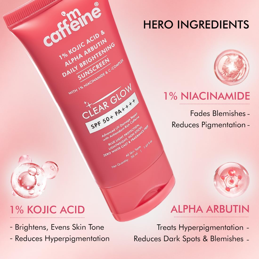 mCaffeine CLEAR GLOW 1% Kojic Acid & Alpha Arbutin Brightening Sunscreen SPF 50 PA++++ |Niacinamide-Dark Spots & Pigmentation| UVA-B Sun Protection|For Men & Women - 50ml For All Skin Type