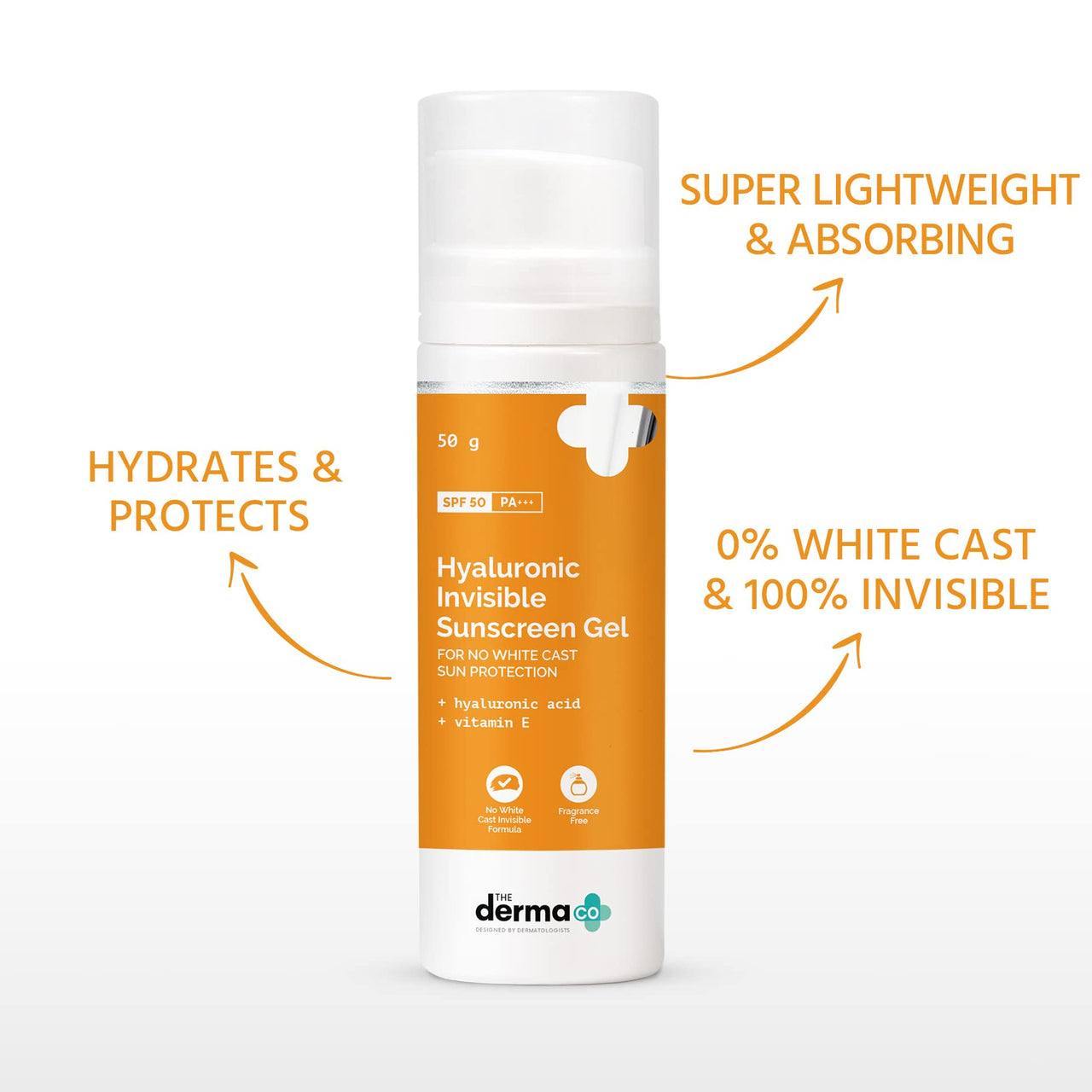 The Derma Co Hyaluronic Invisible Sunscreen SPF 50 Gel For All Skin With Hyaluronic Acid & Vitamin E For No White Cast Sun P, 1 Count