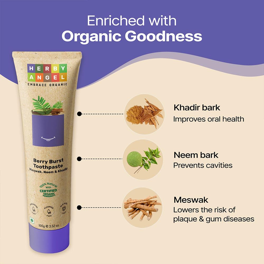 HERBY ANGEL Baby Toothpaste Berry Burst - Herbal Kids Oral Care Toothpaste With Neem, Khadir & Meswak - Promotes Strong Teeth & Healthy Gums For Toddlers & Babies 12 Months & Above - 100 Gm