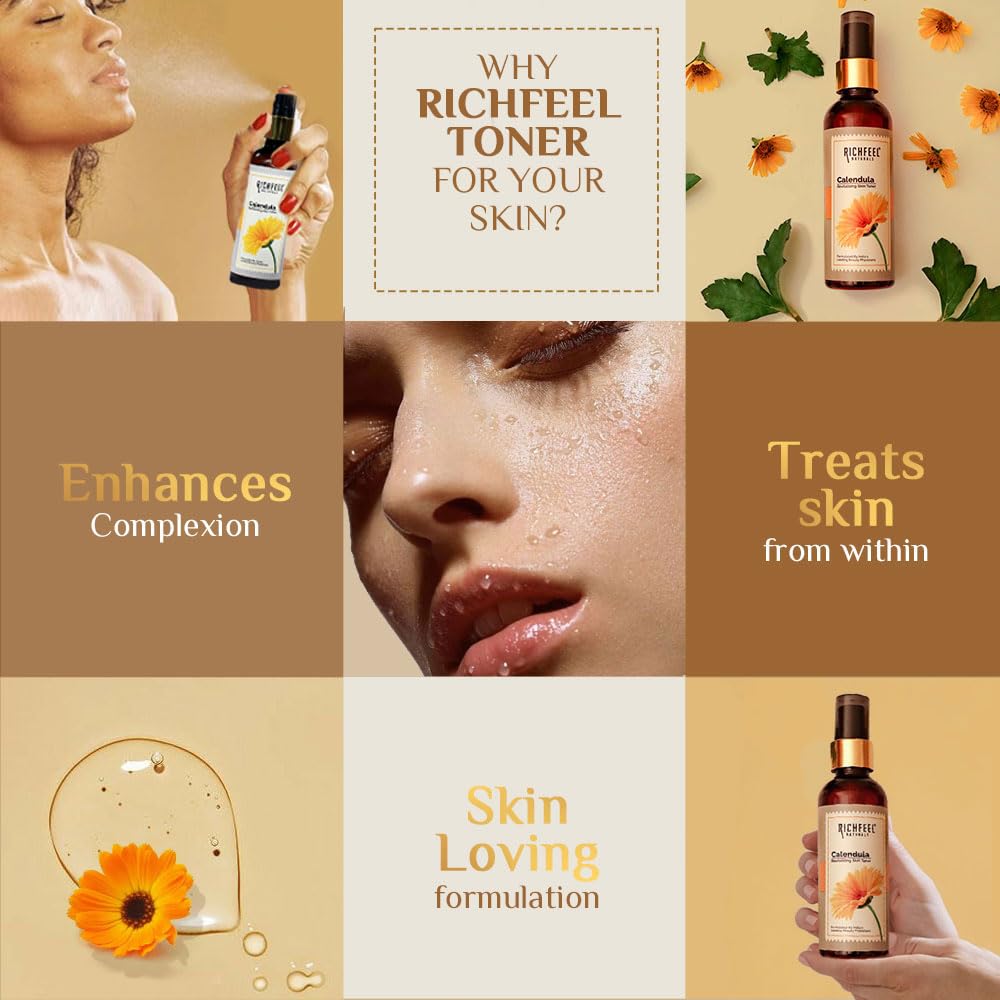 Richfeel Calendula Revitalising Skin Toner | Power of Soothing Calendula Extracts | For skin prone to Acne & Blemishes | Physician Formulated | 80 Ml