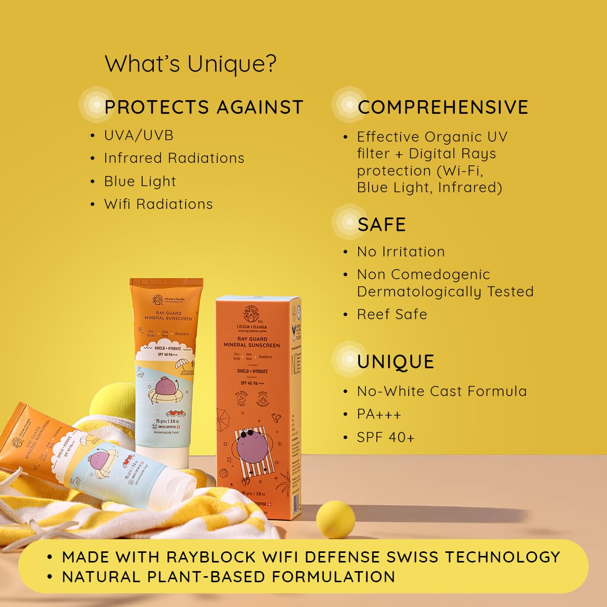Little Rituals Mineral Baby & Kids SUNSCREEN Lotion Daily Use for Baby & Kids (0-15 years), SPF 40 PA+++ I No White Cast I UVA/UVB/IR + DIGITAL Wi-Fi & Bluelight Protection| Hypoallergenic| SWISS Technology | 75 gm