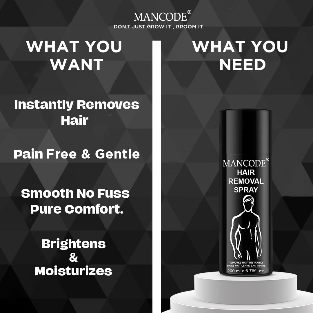 Mancode Hair Removal Cream Spray for Men, Hair removal spray for men, Painless Body Hair Removal for Back, Chest, Legs, Arms, Underarms & Intimate Areas, Fast Acting in 3-6 Minutes (200 ml)