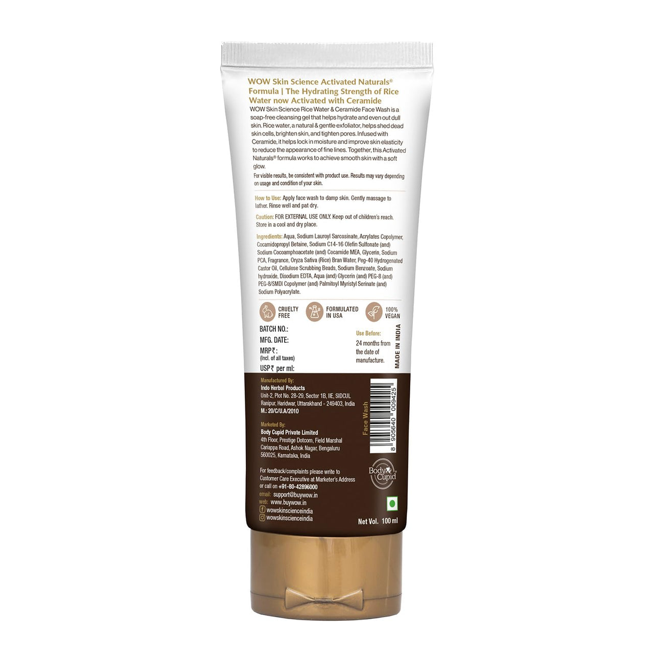 WOW Skin Science Rice Water & Ceramide Hydrating Face Wash | Brightens Skin | Tightens Pores | Locks in Moisture | Reduces Fine Lines | Improves Skin Elasticity | 100ml