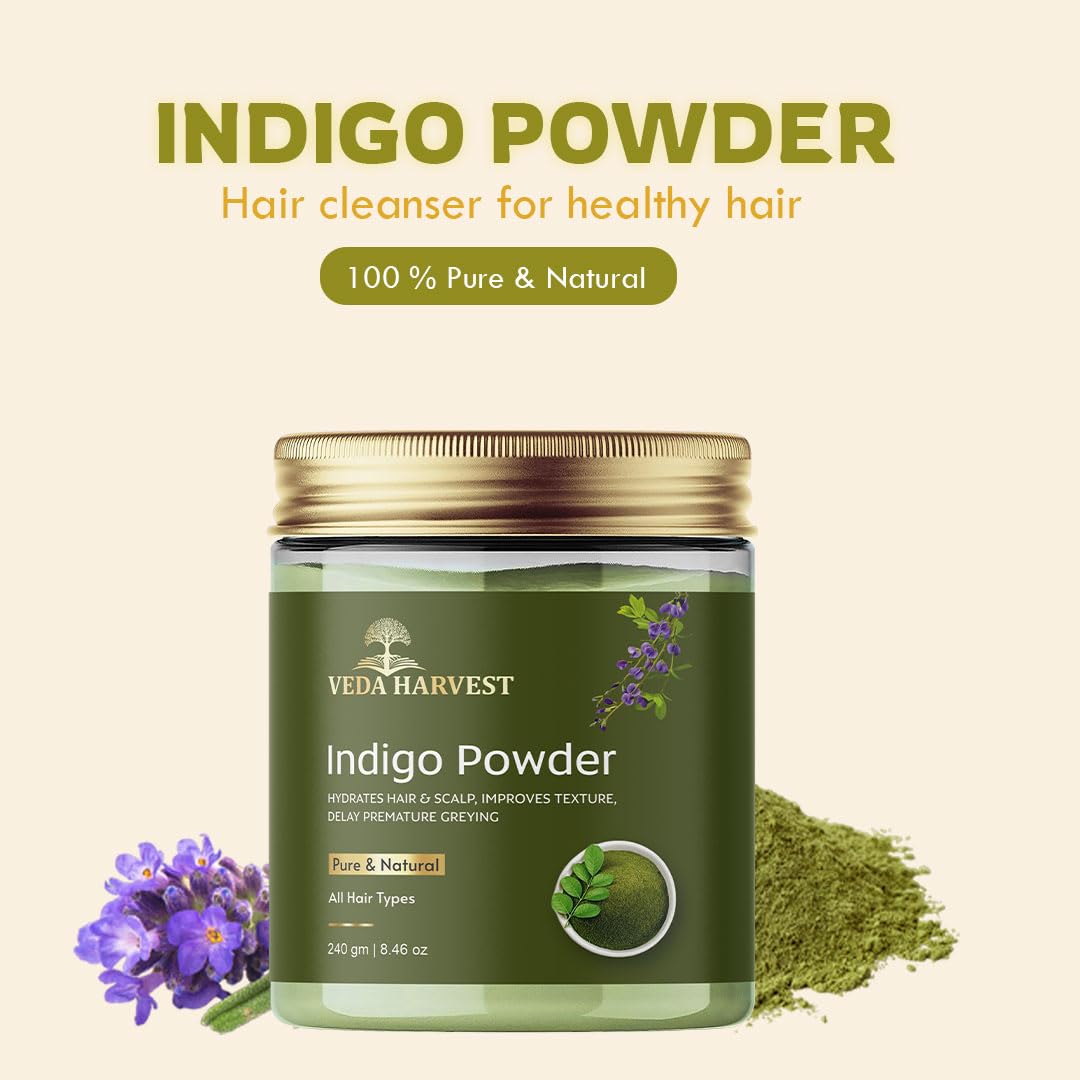 Veda Harvest Indigo Powder 240gm for Black Hair | Natural Plant-Based Hair Dye | Chemical-Free & Healthy Hair Color Solution
