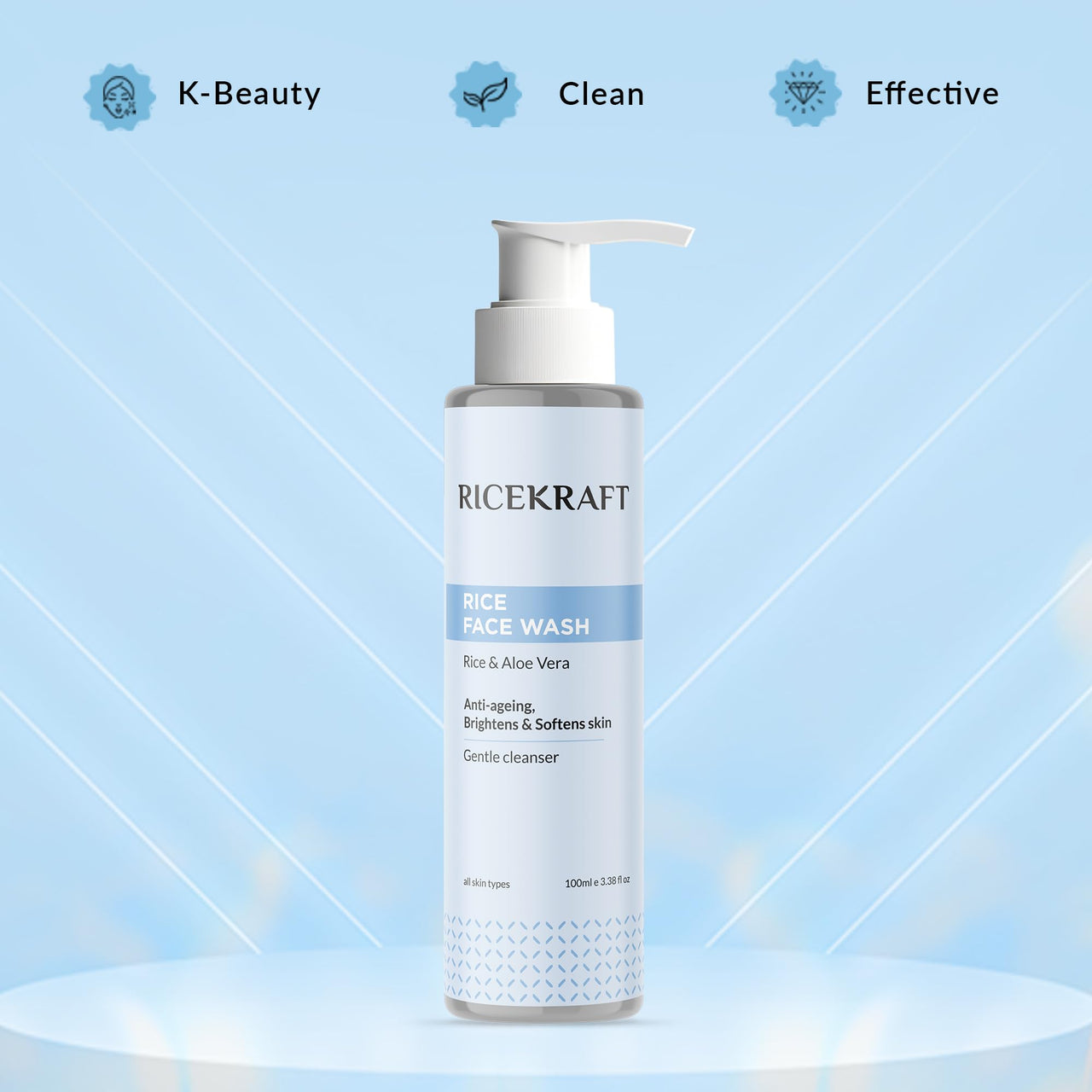 RiceKraft Rice Water Face Wash | Korean Cleanser | Rice & Aloe Vera | Anti-Aging | Brightens & Softens skin | Paraben Free | Cruelty-Free | For Men and Women | All Skin Types, 100ml
