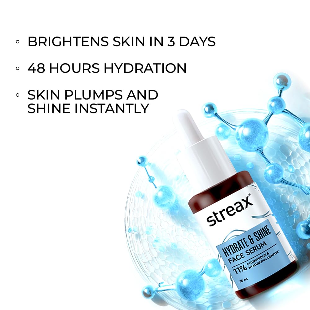 Streax Hydrate & Shine Face Serum, 30ml|10% Hyaluronic Acid|Serum for Glowing Skin |Instant Glow, Deep Hydration & Brightening in 3 Days|Glass Skin Finish|Clinically Tested| All Skin type