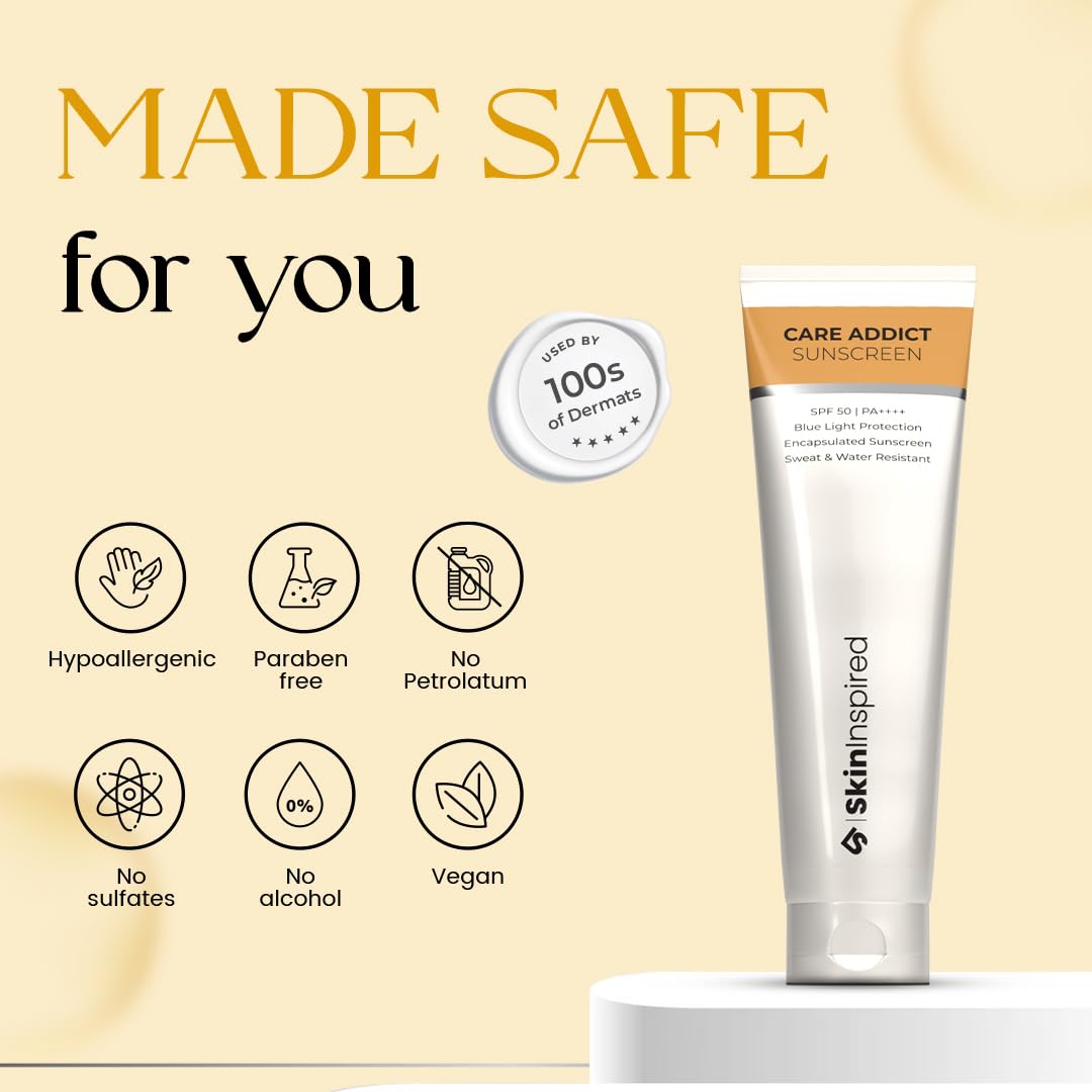 SkinInspired Care Addict Encapsulated Sunscreen SPF 50 For Dry Skin With Pa++++ | Broad Spectrum UV A, UV B & Blue Light Protection | Contains Ceramides & Hyaluronic Acid | No White Cast | For All Skin Type | 150G