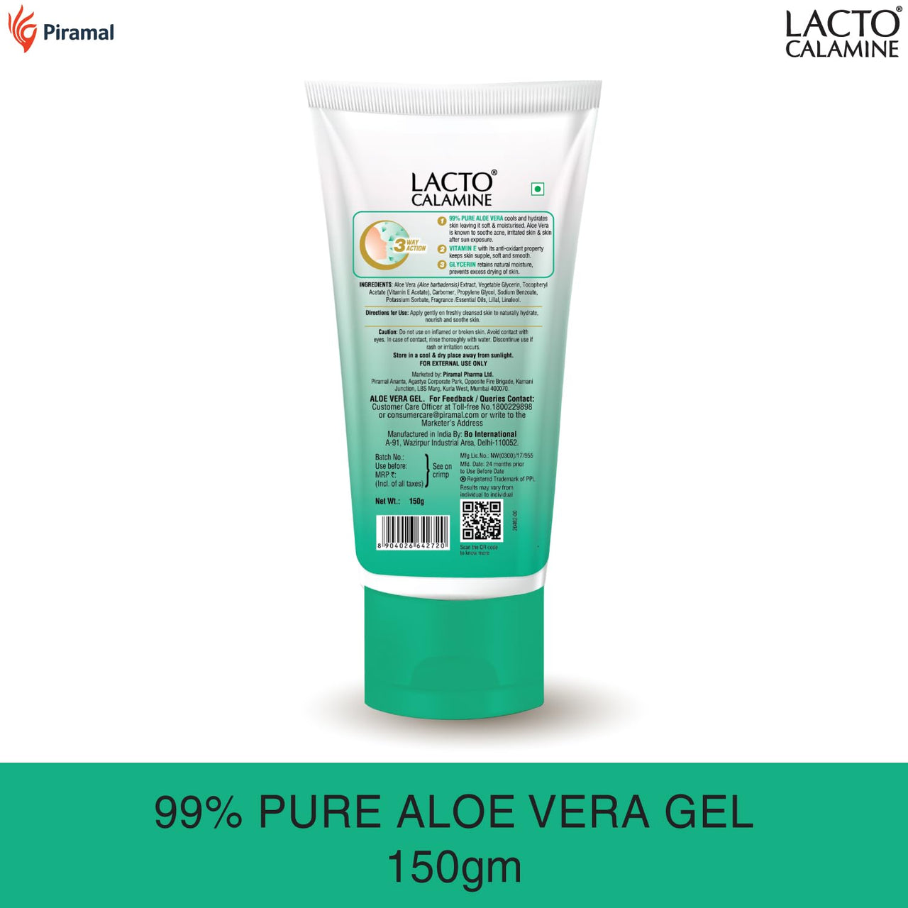 Lacto Calamine Aloe Vera Gel For Face | 150g | Moisturizer For Face With 99% Pure Natural AloeVera, Vitamin E & Glycerin For Hydrating Skin, Body & Hair | No Parabens, No Sulphates