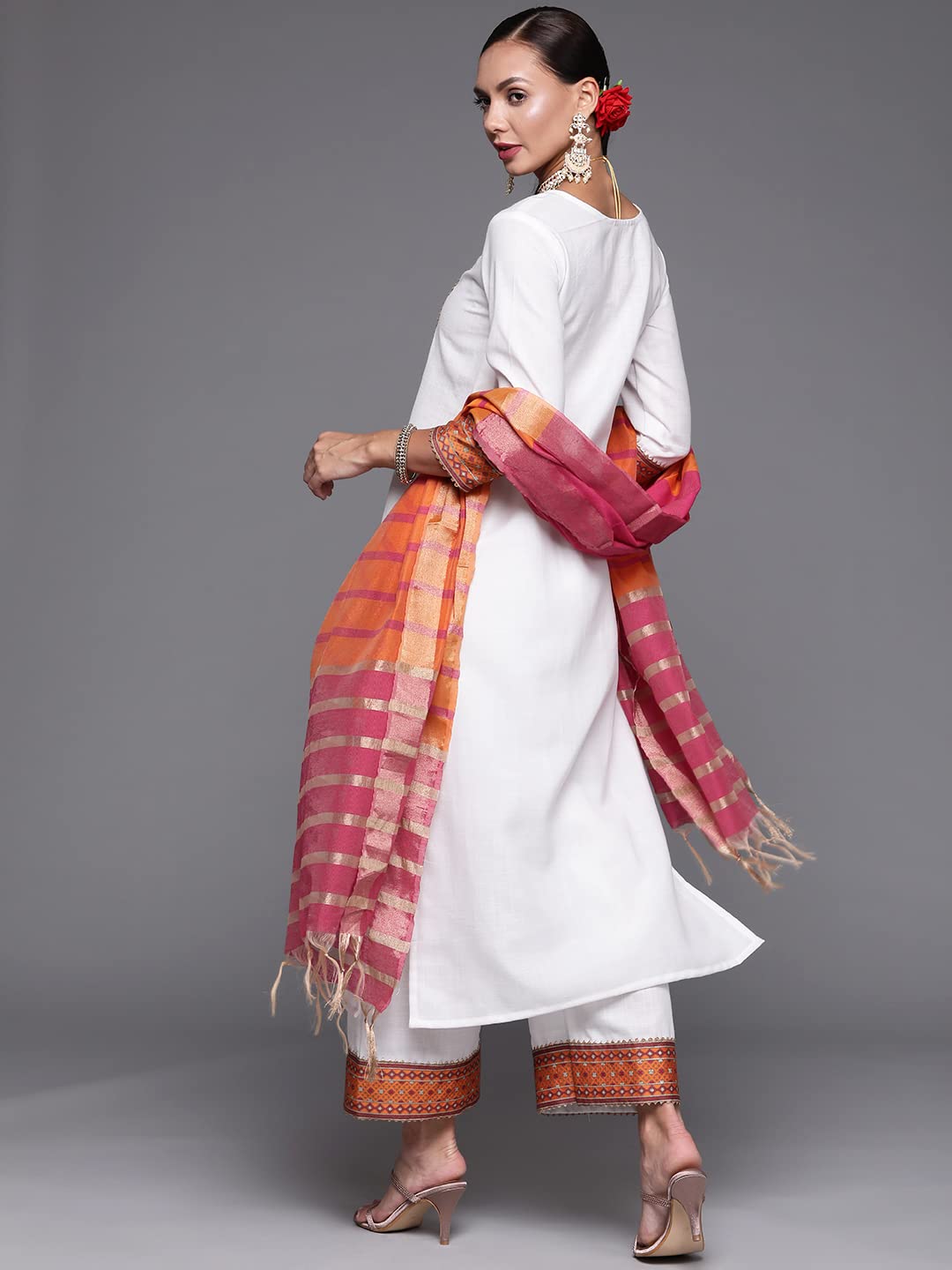 INDO ERA Women's  Solid Cotton Blend Straight Kurta Palazzo With Dupatta Set