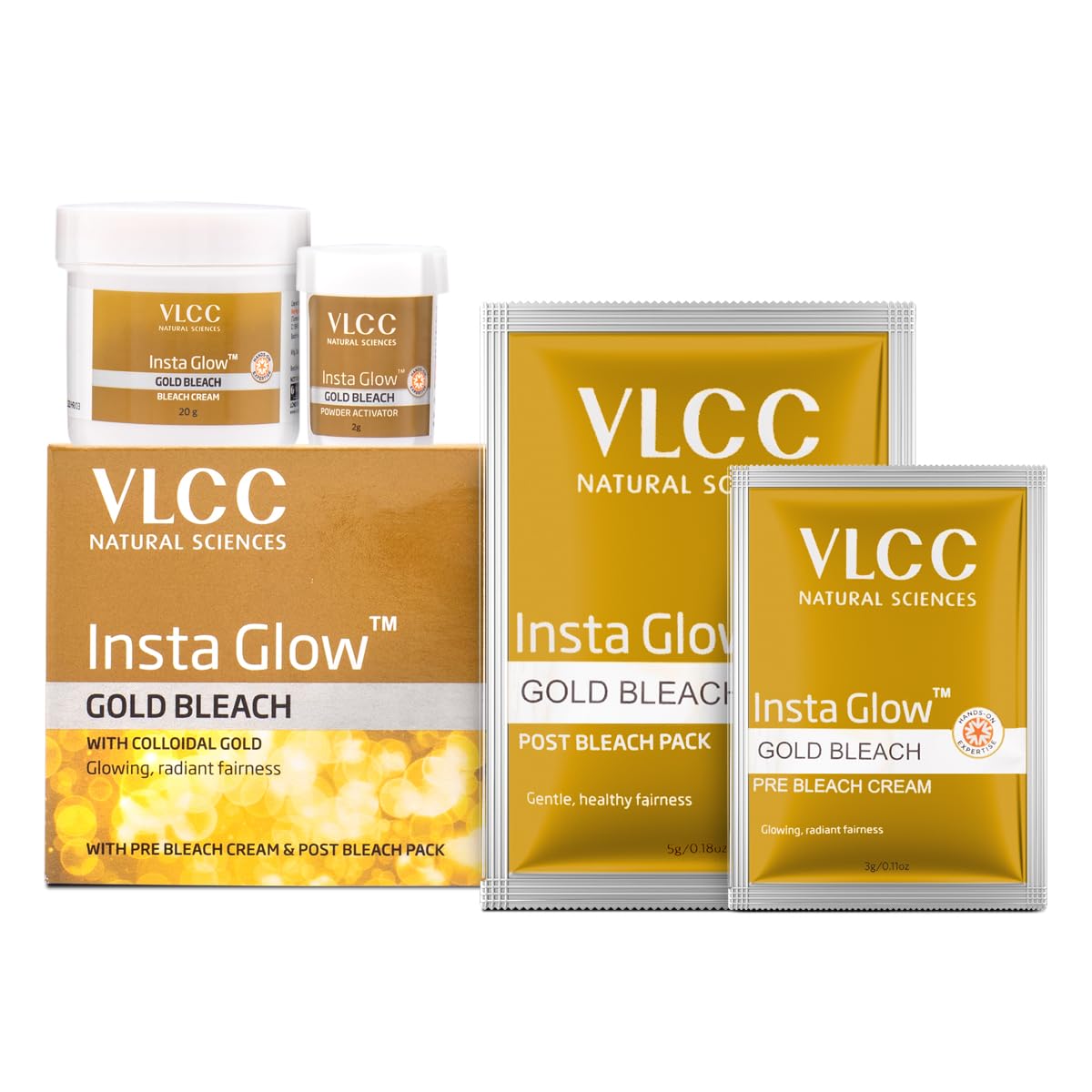 VLCC Gold Facial Kit, Bright & Glowing Skin - 60g and VLCC Insta Glow Gold Bleach - 30g | For Instant Fairness & Glowing Skin with Gold, and Turmeric.