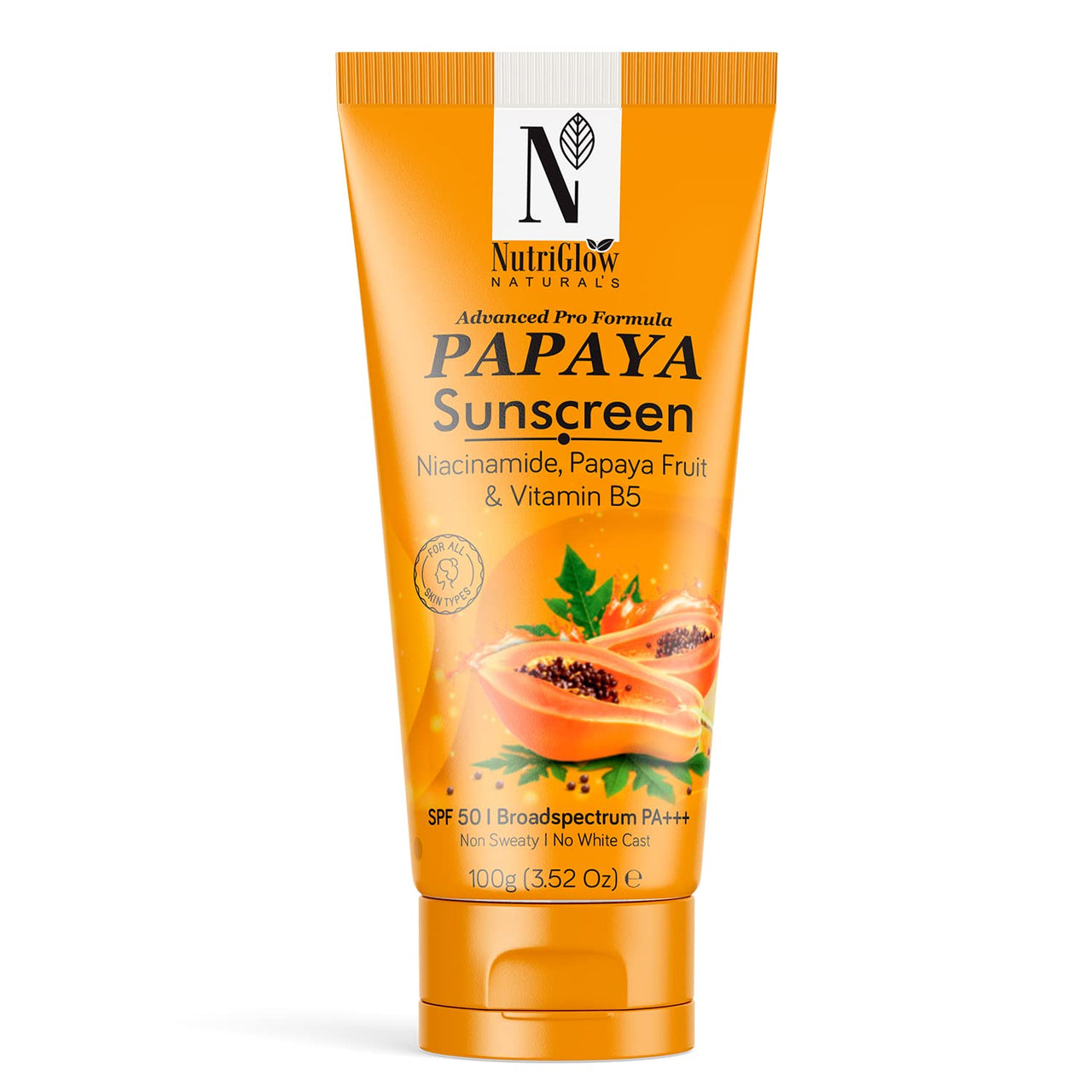NutriGlow NATURAL'S Advanced Pro Formula Papaya Sunscreen SPF 50, PA+++ No White Cast, Non-Greasy, with Broad Spectrum, UV A & UV B Blue Light Protection, for Men & Women Suitable for Oily, Dry, Sensitive & Combination Skin (100 g)