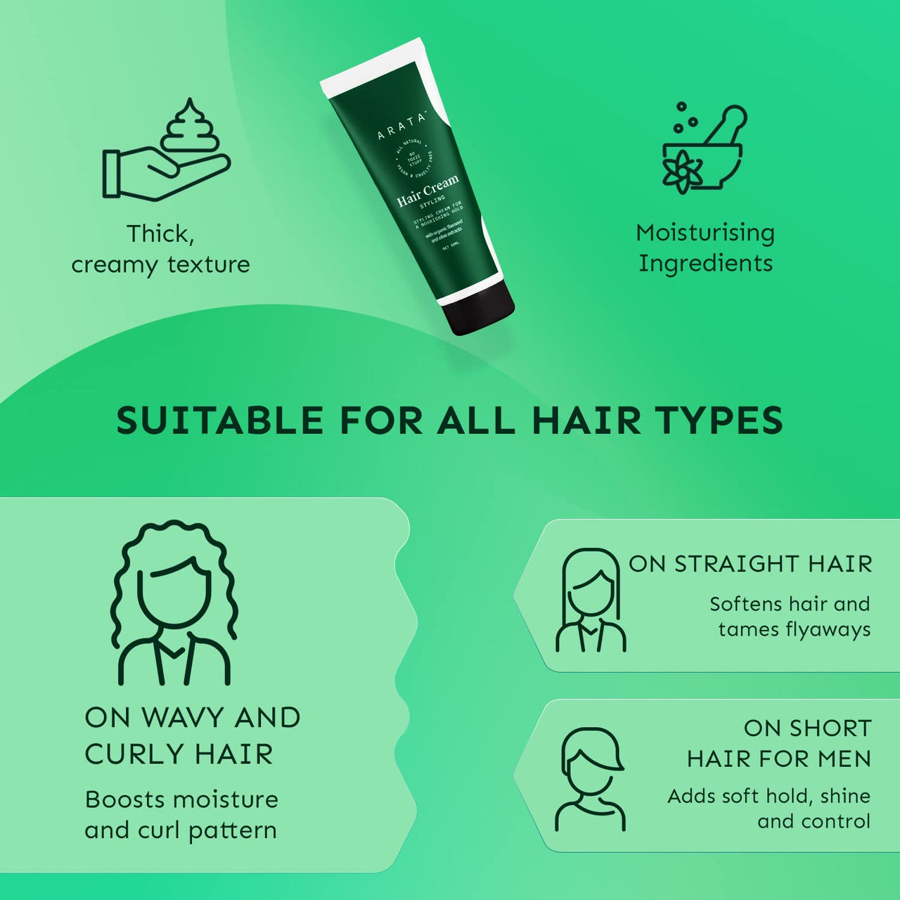 Arata Styling Hair Cream | For All Hair Types |Reduces Frizz & Tames Flyaways | Adds Soft Hold and Control to Short Hair | No Sulphate,Paraben,Silicone | 50ml