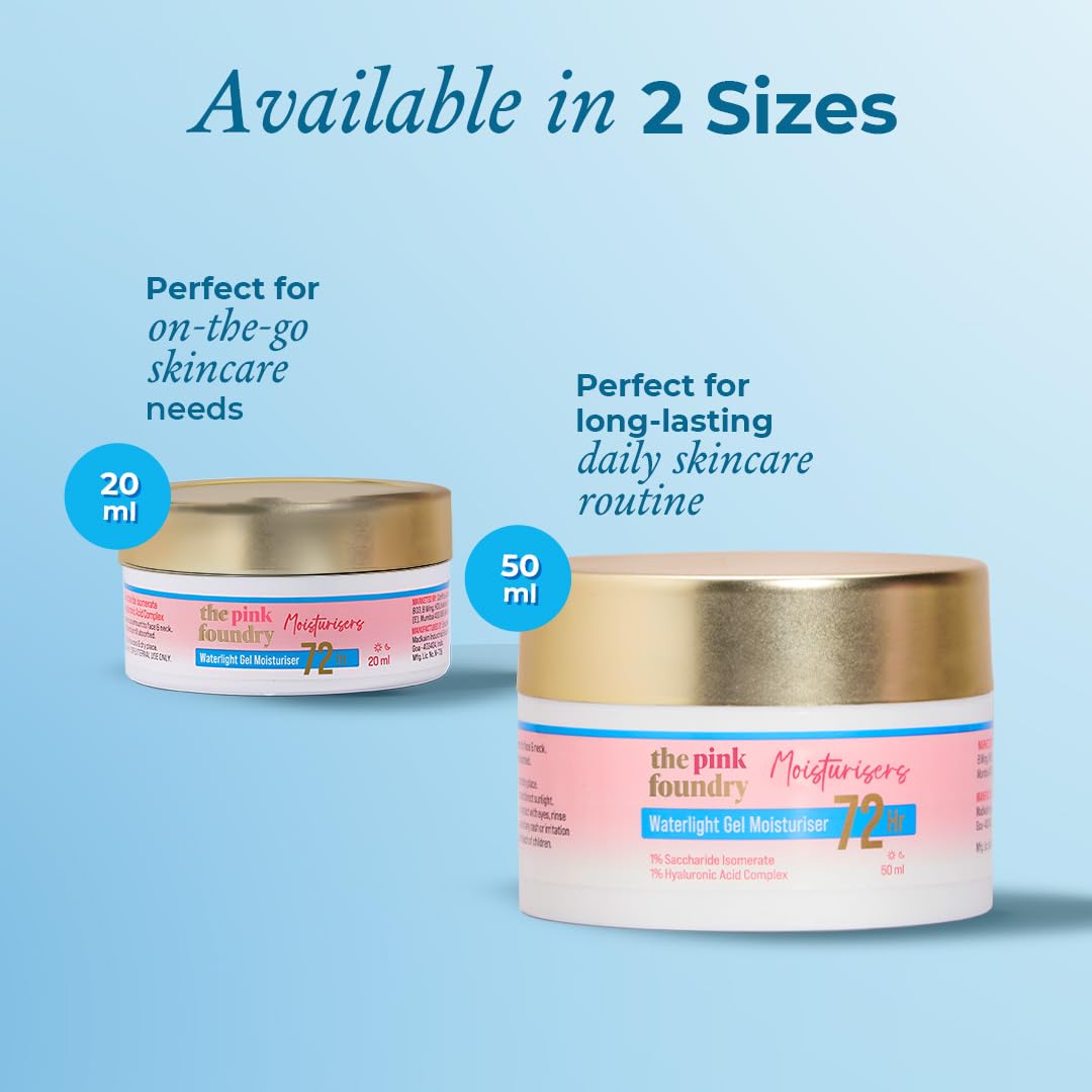The Pink Foundry Waterlight Gel Moisturiser with 72 hours of hydration | Travel Size with 1% Hyaluronic Acid & 1% Saccharide Isomerate | Lightweight & Non-Sticky Moisturiser | 20 ml