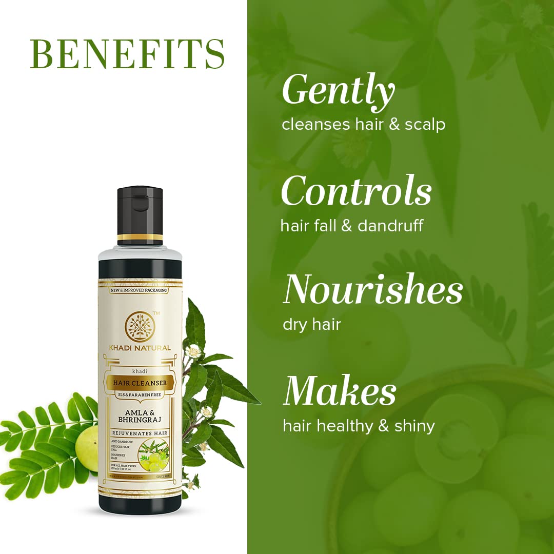 Khadi Natural Amla & Bhringraj Shampoo/Cleanser for Controlling Dandruff & Hair fall | Shampoo for Reducing Scalp Irritation | Paraben & Sulphate-Free | Suitable for All Hair Types, 210ml