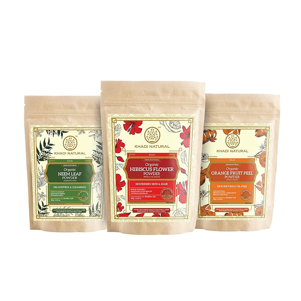 KHADI NATURAL Organic Powder Pack of 3 (Neem + Hibiscus + Orange Peel) (Net Qt. 3x100) 300gm
