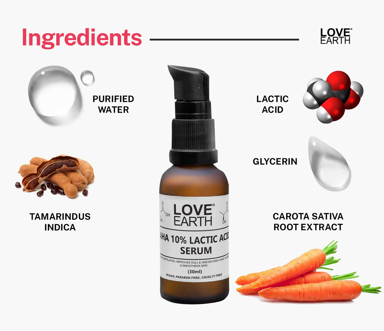 Love Earth AHA 10% Lactic Acid Serum With Organic Carrot Root & Hyaluronic Acid For Hyperpigmentation, Dark Spots & Ageing 30 ML