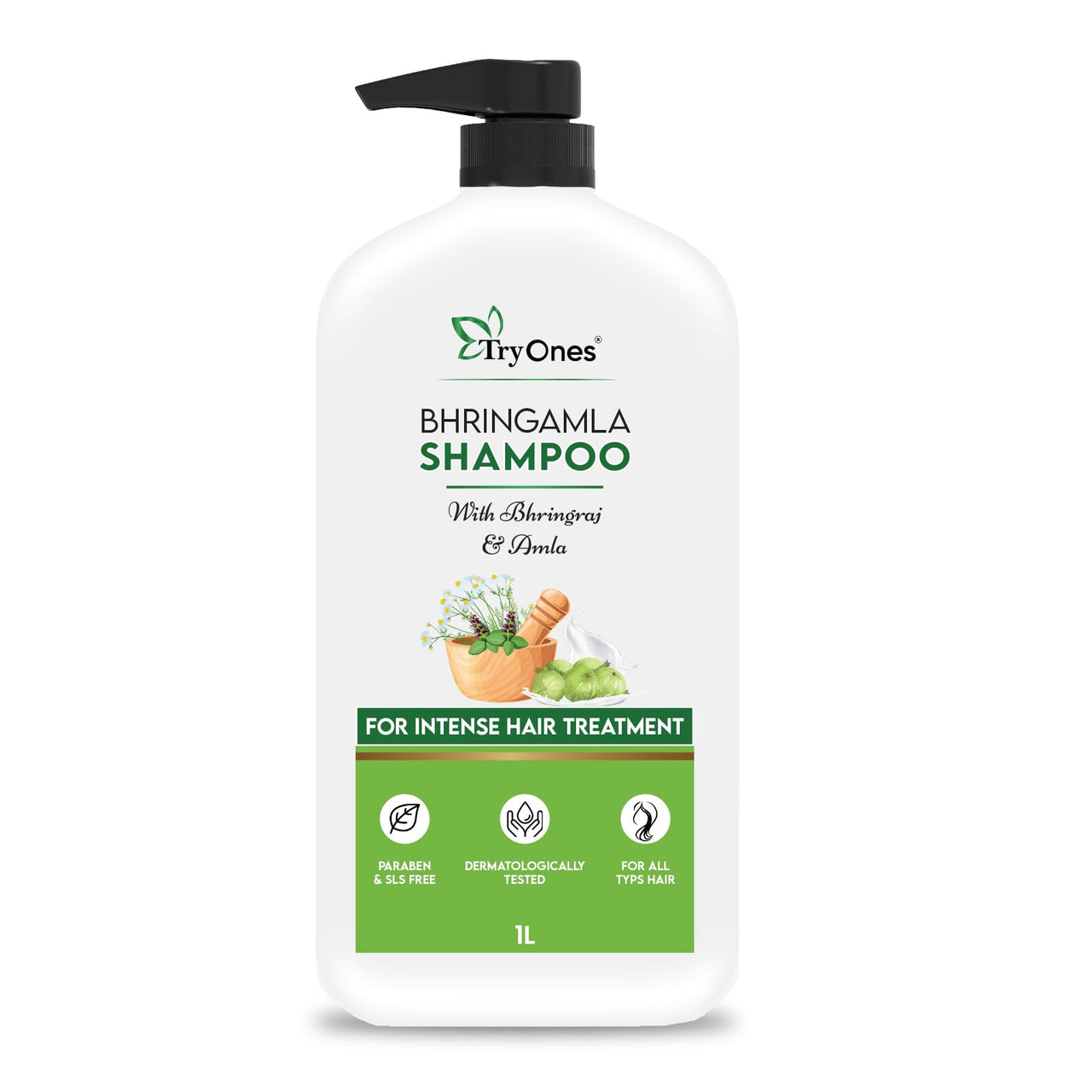 TryOnes Natural Amla & Bhringraj Shampoo/Cleanser for Controlling Dandruff & Hair fall | Paraben & Sulphate-Free | Suitable for All Hair Types, 1000ml