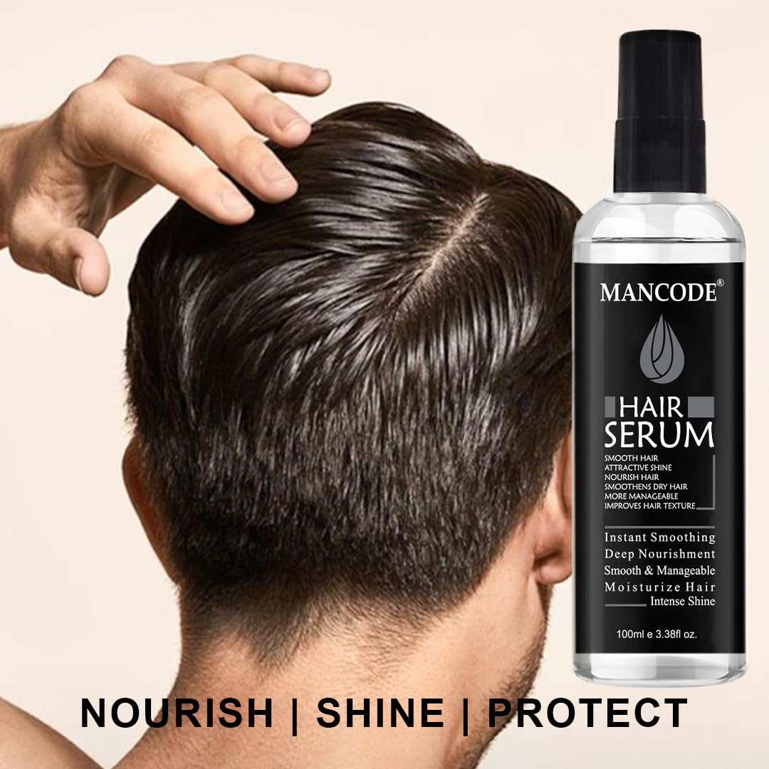 Mancode Hair Serum for Men Instant Shine & Smoothness Regular Use For Dry & Wet Hair Gives Frizz Free Soft & Silky Hair - 100ml (Men's Hair Serum, 100ml e 3.38fl oz.)