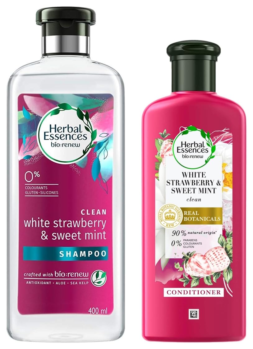 Herbal Essences White Strawberry & Sweet Mint SHAMPOO(400ML) and Strawberry Conditioner, 240ML- Clean and Voluminous Hair. No Parabens, Colourants, Glutens.PETA Cruelty Free Certified