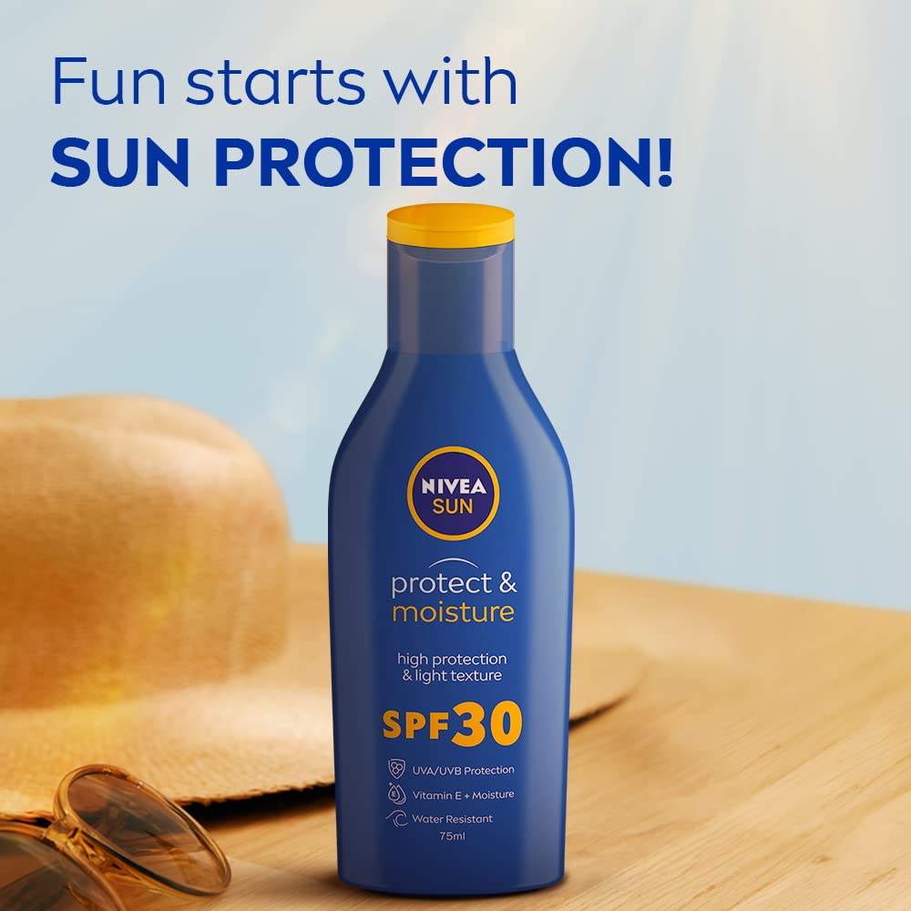Nivea Sun Lotion, Spf 30, Water Resistant Sunscreen, All Skin Type For Men & Women, 75Ml & Soft Light Moisturizer For Face, Hand & Body, Non-Greasy Cream With Vitamin E & Jojoba Oil, 200 Ml