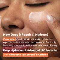 mCaffeine Kombucha Hydra Repair Sunscreen SPF50 PA++++ | UVA & UVB Protection, No White Cast | Hyaluronic Acid, Ceramides Sunscreen for Hydration & Barrier Repair | All Skin Types - 50ml