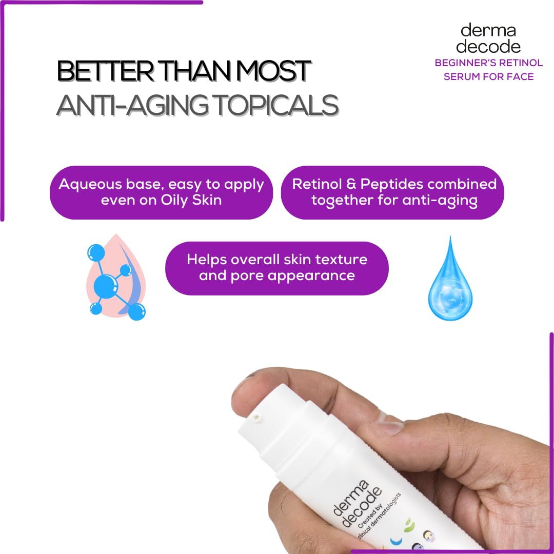 Derma Decode Retinol Night Serum - 0.5% Retinol, 3% Peptides, 5% Niacinamide, 1% Hyaluronic Acid Face Serum for 30+ & 40+ - Ideal for Oily, Dry, Sensitive Skin - 30ml Airless Pump