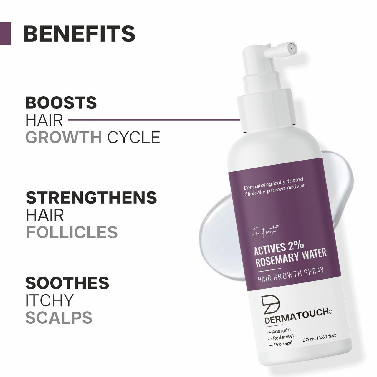 DERMATOUCH Rosemary Water Spray For Hair Growth (50 ml) | Advance 2% Actives Rosemary, Redensyl, Anagain + Procapil Hair Spray Mist for Hair Fall Control, Stimulates Hair Growth, Adds Shine , Strengthens Hair