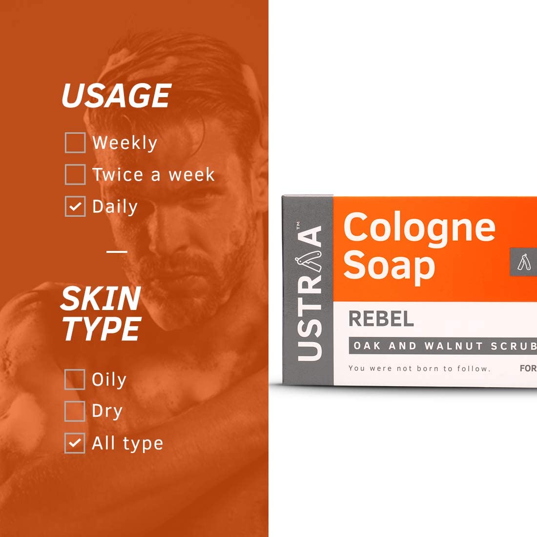 Ustraa Rebel Cologne Soap with Oak & Walnut, 6 x 125 gm (Pack of 6) | Triple-milled Soap | Mild Exfoliation with Walnut Granules | Gives Lasting Fragrance
