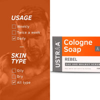 Ustraa Rebel Cologne Soap with Oak & Walnut, 6 x 125 gm (Pack of 6) | Triple-milled Soap | Mild Exfoliation with Walnut Granules | Gives Lasting Fragrance