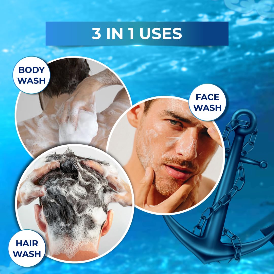 Muuchstac Ocean 3-in-1 Body Wash for Men | Clear Skin, Controls Sweat, Fights Body Acne & Bad Odour, Shower Gel for Long-Lasting Fresh | 182 ml