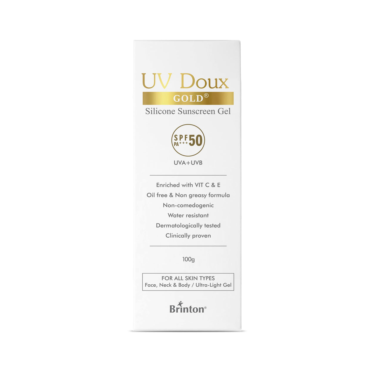 Brinton UV Doux Gold Silicone Sunscreen Gel SPF 50 PA+++ With Vitamin C&E|Clinically Tested,Water Resistant&Non- Greasy|UVA/UVB Protection Against UVA/UVB Rays| For All Skin Types,100 Gm (Pack Of 1)