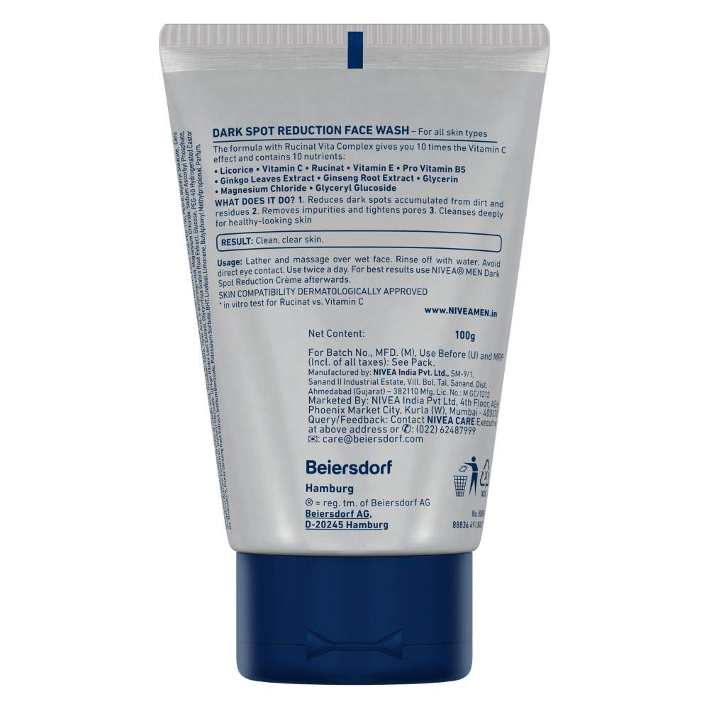 NIVEA MEN Dark Spot Reduction Face Wash 100 g (Pack of 3)| With Ginko and Ginseng Extracts for Clean, Healthy & Clear Skin | 10 X Vitamin C Effect for Radiant Skin |For Dark Spot Reduction