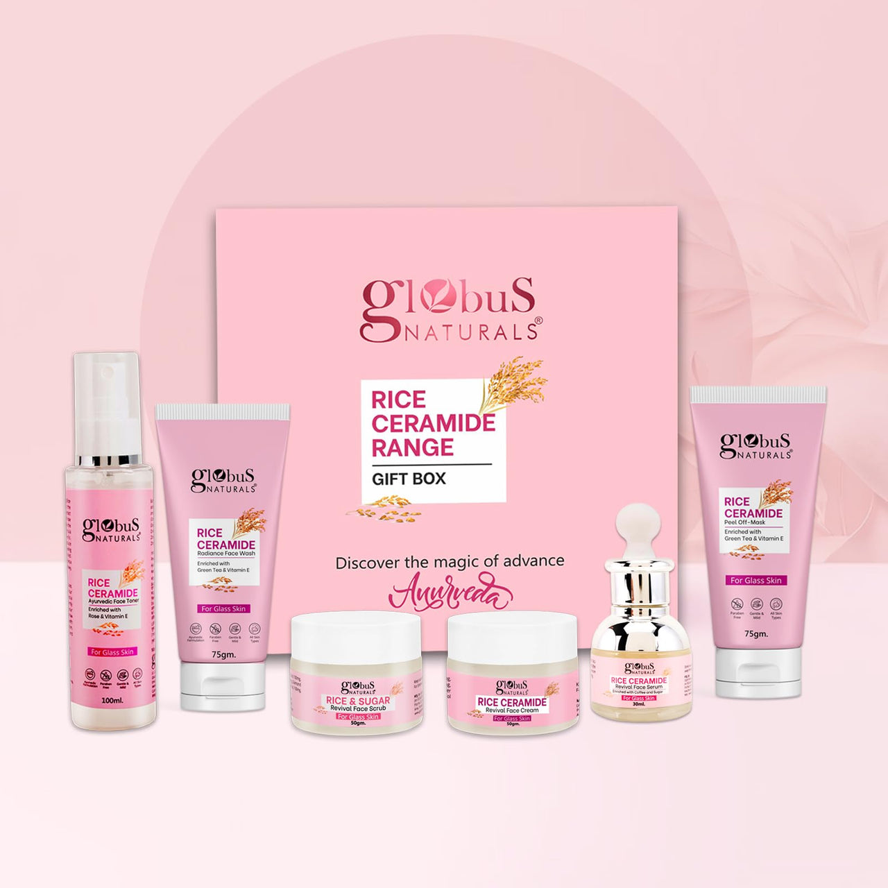 Globus Naturals Revival Rice Ceramide Valentine Love Gift Box, For Korean Glass Skin, Set of 6 Face Wash 75gm, Cream 50gm, Scrub 50gm, Peel off Mask 75gm, Serum 30ml, Toner 100ml